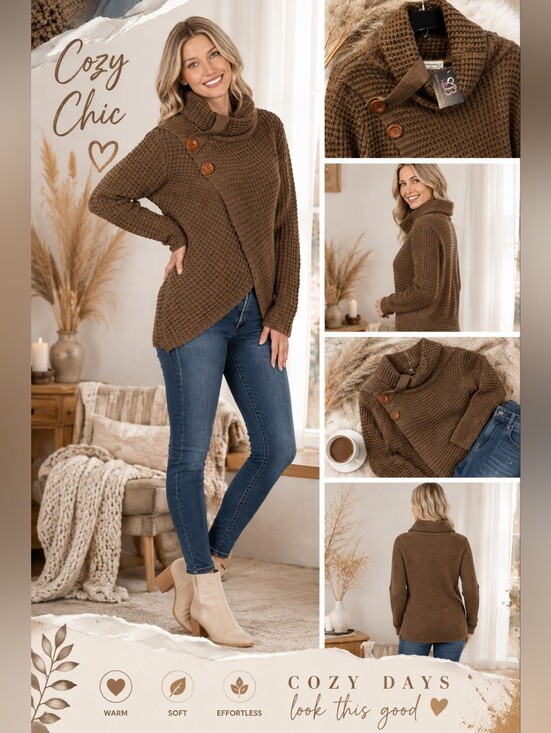 Zenana Outfitters Sweaters - Zenana Wrap Asymmetrical Hem Sweater – Statement Cozy Vibes | Brown